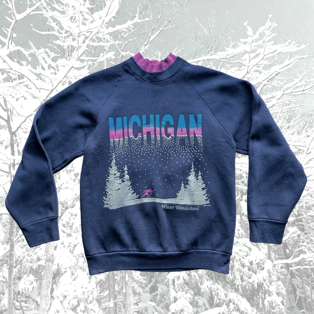 VTG 90s Michigan Winter Wonderland Sweatshirt - Navy Blue, M, Fruit Of The Loom